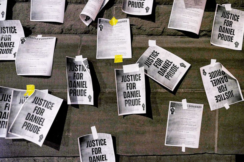 PHOTO: Notices reading "Justice for Daniel Prude" are pasted on the exterior walls of City Hall in protest of the police killing of Daniel Prude  in Rochester, N.Y., Sept. 8, 2020.