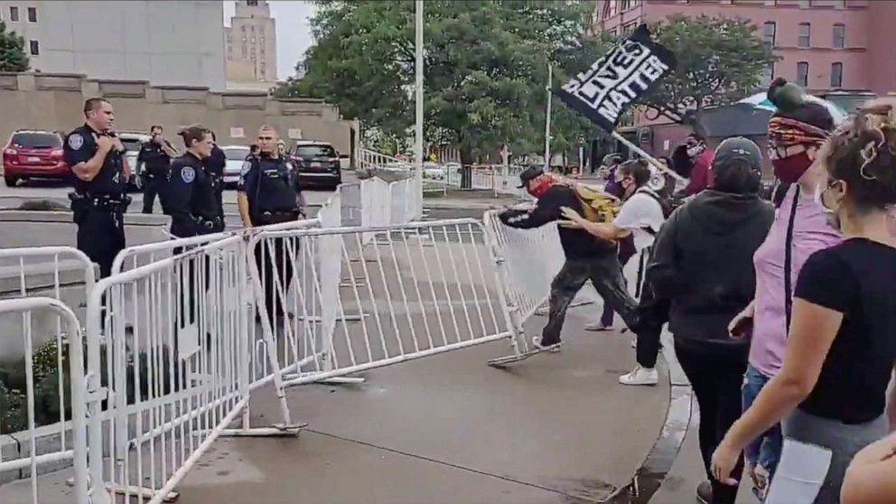 PHOTO: Protesters reacting to the death of Daniel Prude clash with police outside the public safety building in Rochester, N.Y., Sept. 2, 2020.