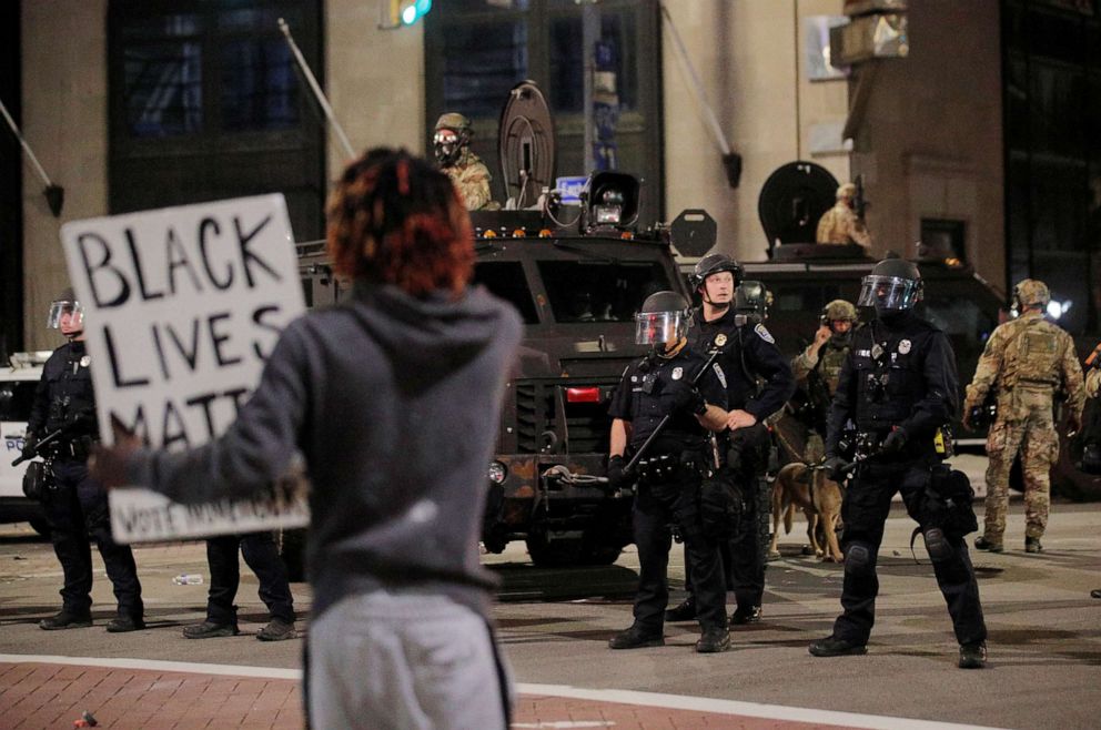 PHOTO: Members of law enforcement secure the area during a protest in reaction to  the death of a  Daniel Prude during an arrest on March 23, in Rochester, N.Y., Sept. 5, 2020.