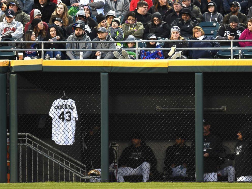 PHOTO: Chicago White Sox relief pitcher Danny Farquhars jersey is seen hanging in the outfield dugout during a game between the and the Houston Astros the Chicago White Sox on April 21, 2018, at Guaranteed Rate Field, in Chicago, IL.