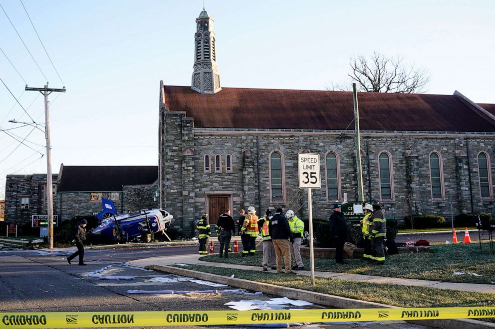 PHOTO: A medical helicopter rests next to the Drexel Hill United Methodist Church after it crashed in the Drexel Hill section of Upper Darby, Pa., Jan. 11, 2022.