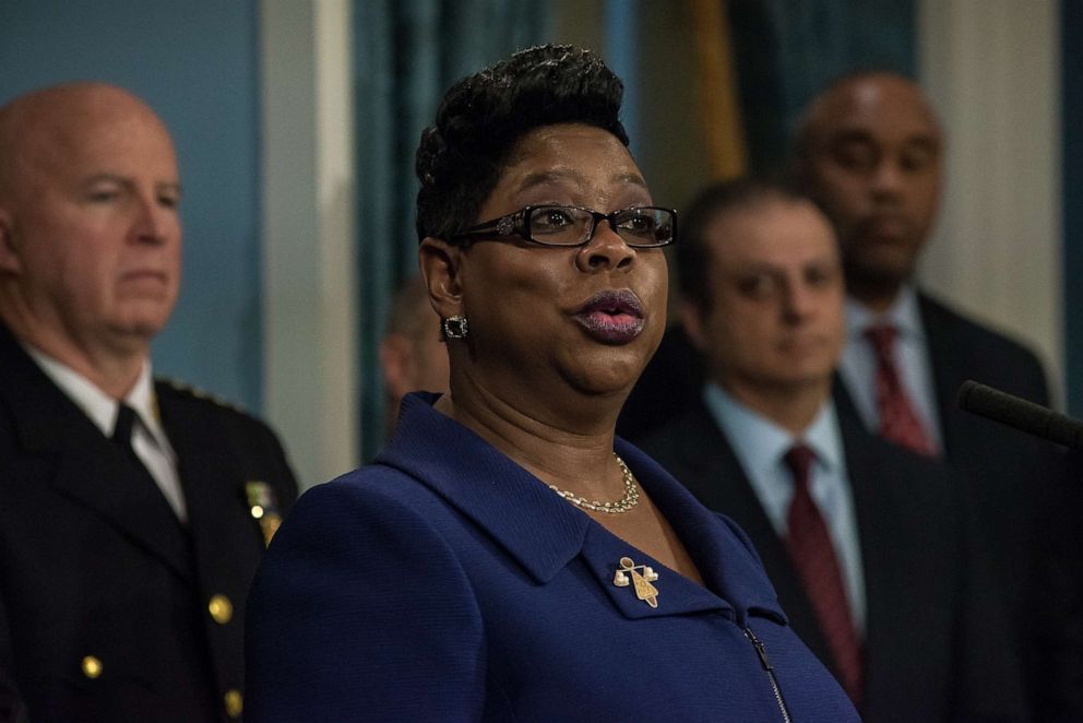 PHOTO: Bronx D.A. Darcel Clark offers remarks at the City Hall press conference in New York, Jan. 12, 2016.