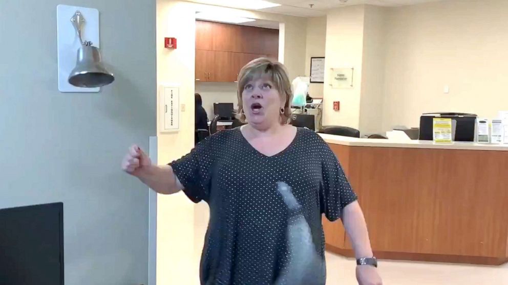 Darla Jaye enthusiastically rang the bell at Smith Clinic in Houston in celebration of her last round of radiation for breast cancer. 