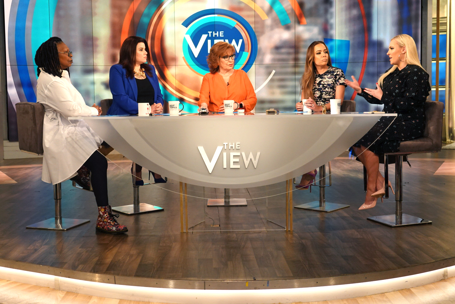 PHOTO: "The View" co-hosts Whoopi Goldberg, Ana Navarro, Joy Behar, Sunny Hostin, and Meghan McCain discuss what they'd do if a friend's significant other was seen using a dating app on Monday, May 13, 2019.