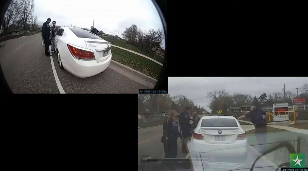 PHOTO:   A screen grab from police video which shows the traffic stop during which Daunte Wright is fatally shot by Brooklyn Center Police Officer Kim Potter is shown as evidence during the opening statements in Minneapolis, Dec. 8, 2021.