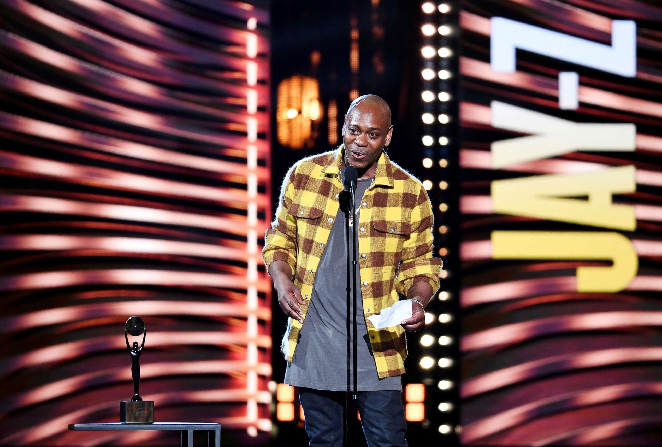 PHOTO: In this October 30, 2021, file photo, Dave Chappelle introduces Jay-Z during the Rock and Roll Hall of Fame induction ceremony in Cleveland, Ohio.