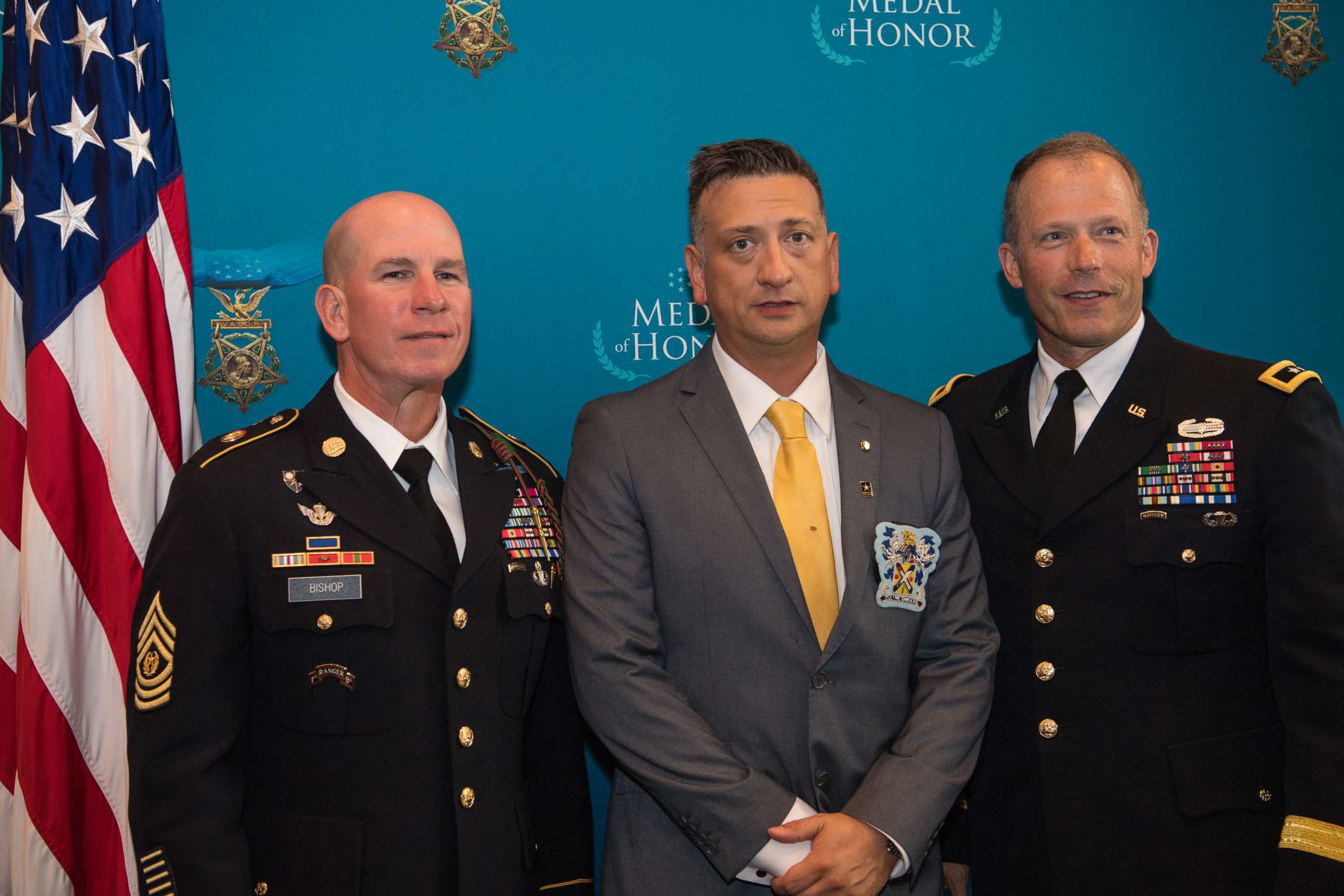 PHOTO: Former U.S. Army Staff Sgt. David G. Bellavia, center, attends a Medal of Honor reception at the Sheraton Pentagon City Hotel, Arlington, Va., June 24, 2019.