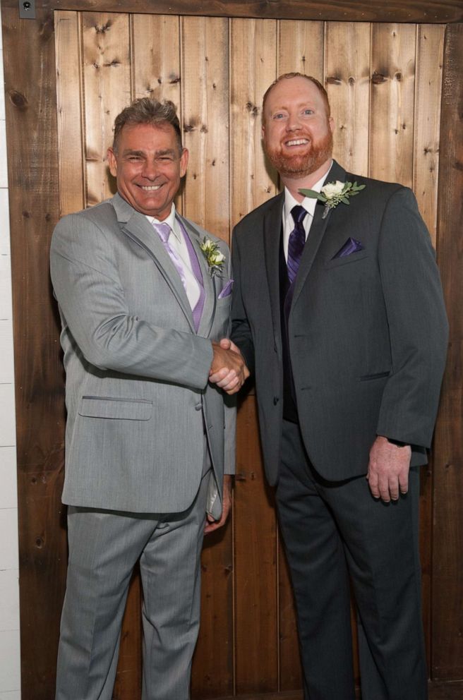 PHOTO: David Barnes (left) is seen at the wedding of his friend Chris Schiller (right). Schiller told ABC News that the day before Barnes was taken into custody in Moscow, the two spoke to each other on the phone. 