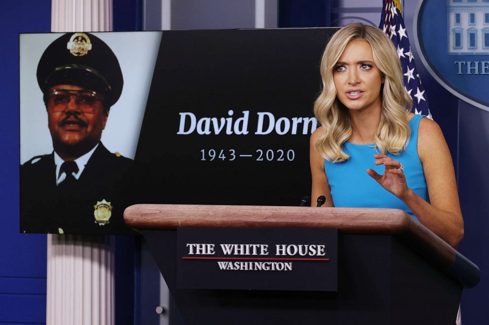 PHOTO: White House Press Secretary Kayleigh McEnany notes the deaths of several police officers during a news conference, including retired St. Louis Police Captain David Dorn, at the White House, June 03, 2020, in Washington.