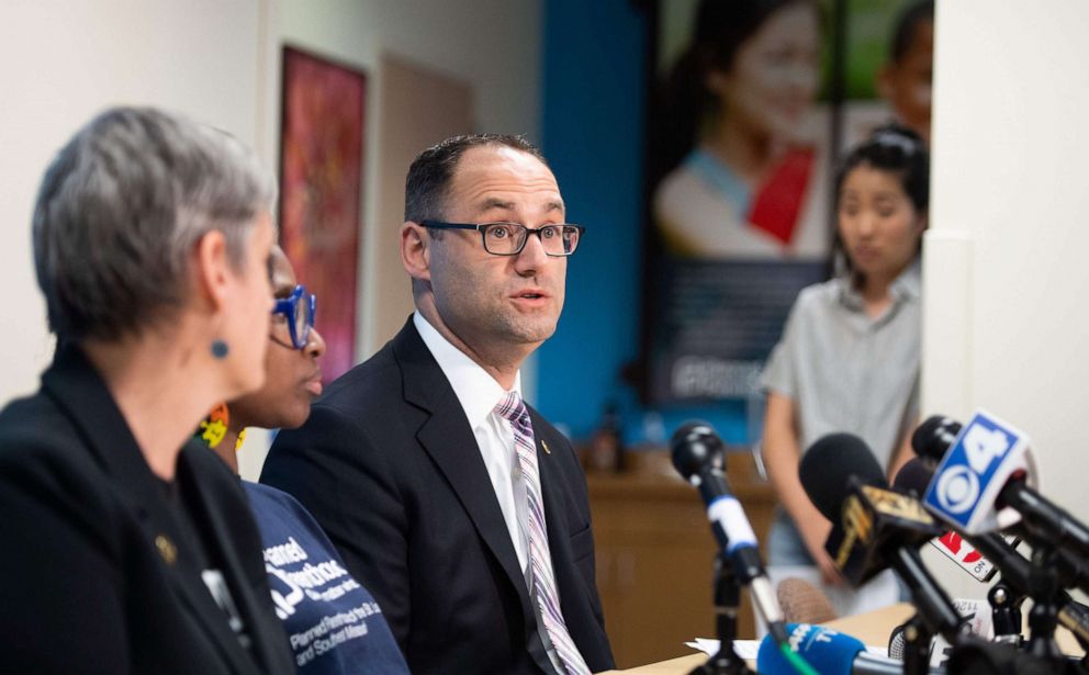 PHOTO: David Eisenberg, medical director for Planned Parenthood of the St. Louis Region, speaks during a press conference at the Planned Parenthood Reproductive Health Services Center in St. Louis, May 31, 2019.