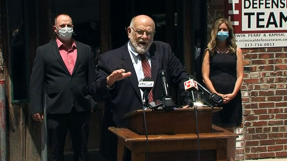 PHOTO: Attorney David Hennessy speaks in defense of his clients who were filmed in an allegedly racially motivated attack over the July 4 weekend, during a press conference in Monroe County, Ind., July 13, 2020.