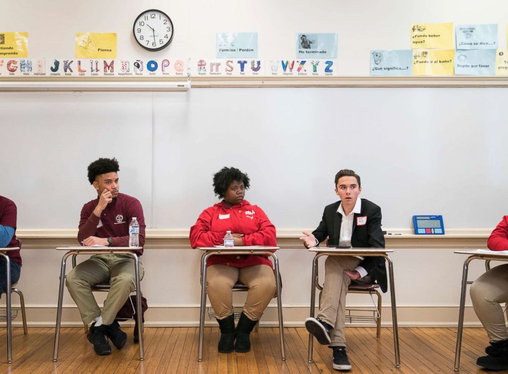 PHOTO: David Hogg, a Marjory Stoneman Douglas student and activist, speaks with students about activism in the face of gun violence at Thurgood Marshall Academy in Washington, March 22, 2018.