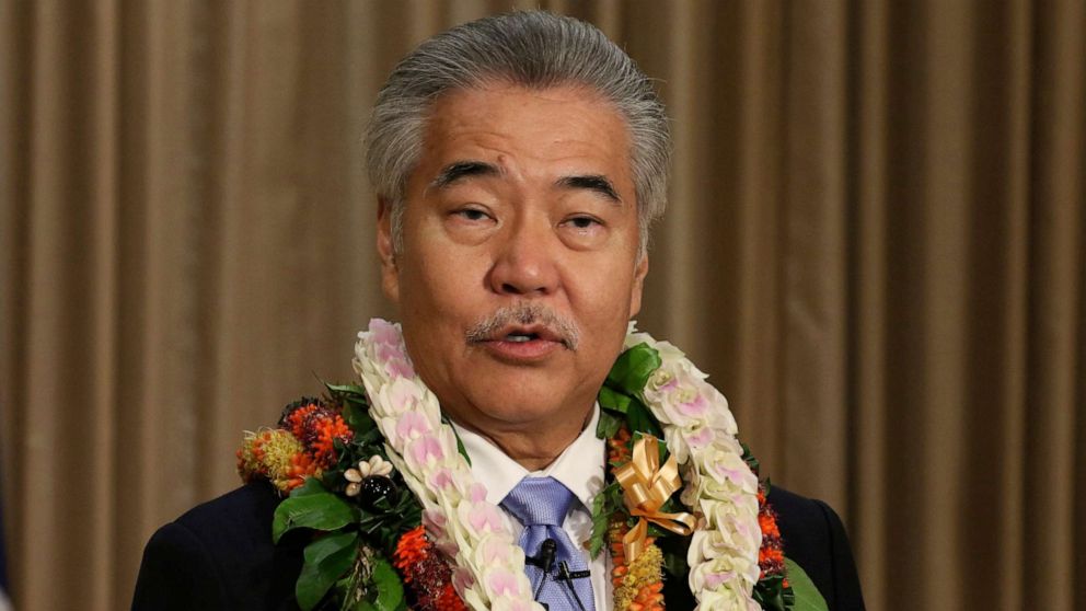PHOTO: Gov. David Ige speaks to reporters in Honolulu after delivering his state of the state address at the Hawaii State Capitol, Jan. 21, 2020.