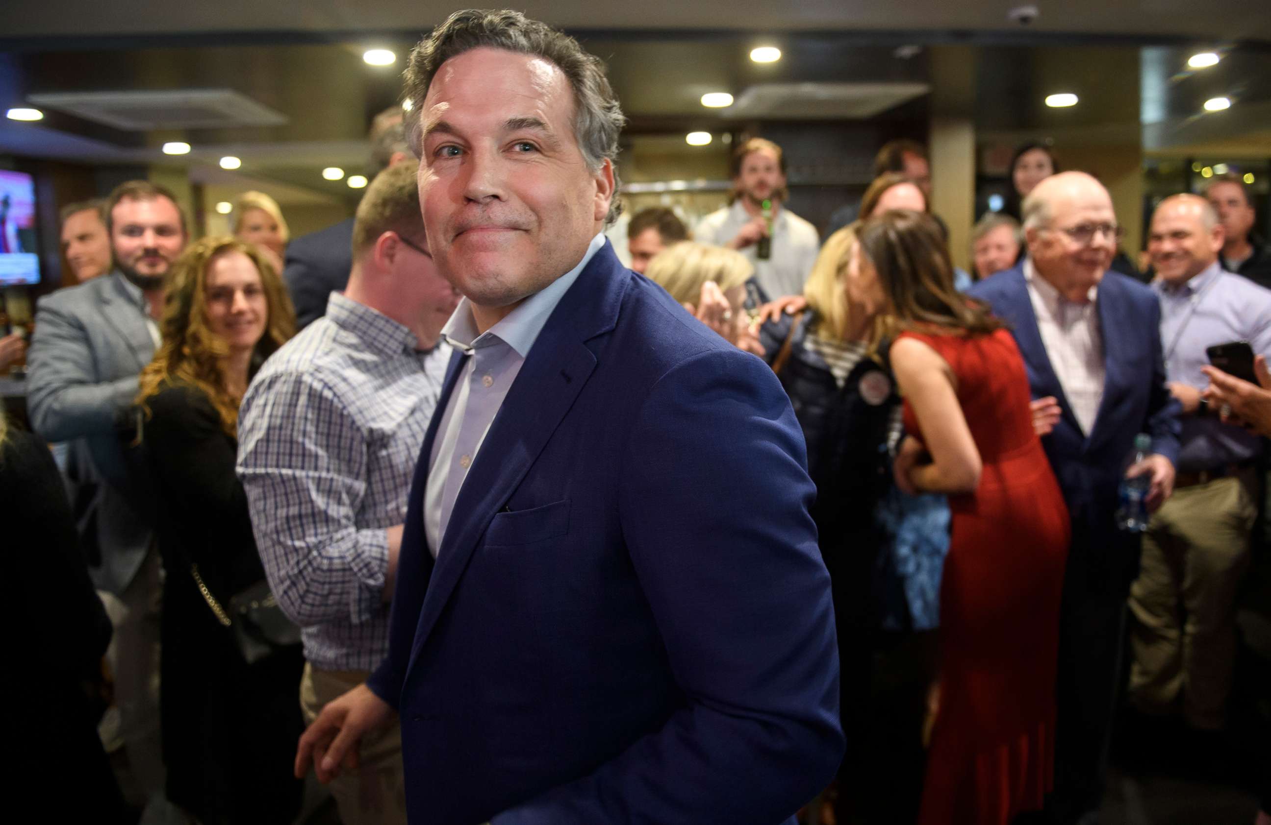 PHOTO: Pennsylvania Republican Senate candidate David McCormick greets supporters at the Indigo Hotel during a primary election night event on May 17, 2022, in Pittsburgh, Pa.