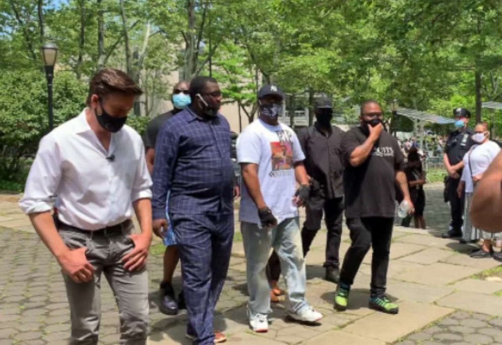 PHOTO: Terrence Boyd, in the cap and white T-shirt, spoke to ABC News' David Muir after a Brooklyn vigil held on June 4, 2020, for his brother George Floyd, who died after being restrained by Minneapolis police on Memorial Day.