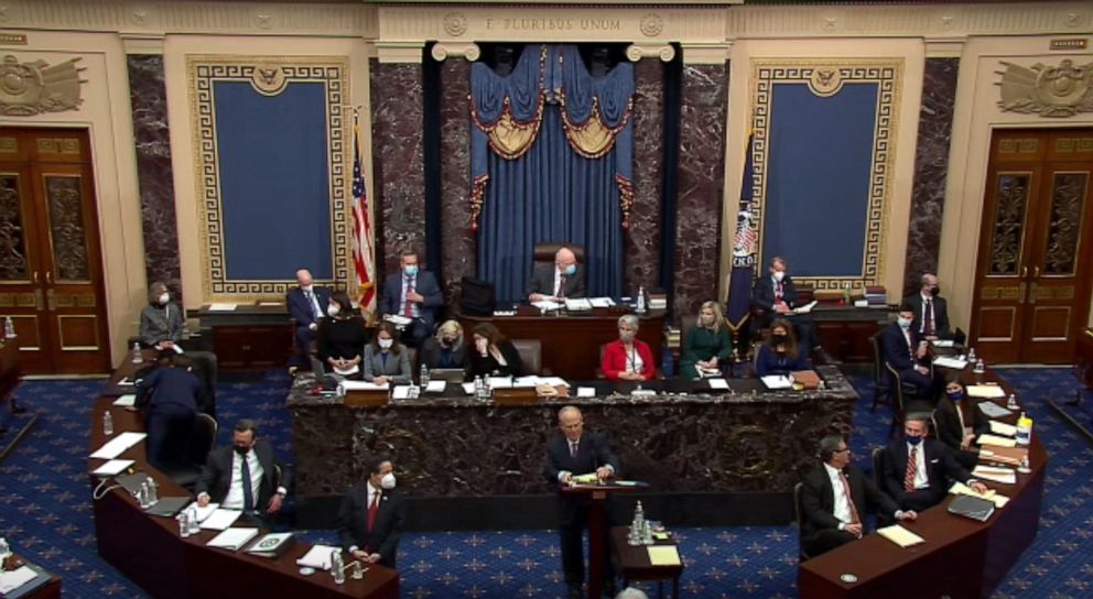 PHOTO: In this screenshot taken from a webcast, David Schoen, defense lawyer for former President Donald Trump speaks on the first day of former President Donald Trump's second impeachment trial at the U.S. Capitol on Feb. 9, 2021, in Washington, D.C.