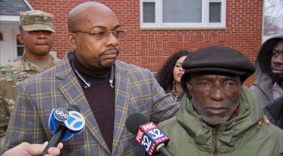 PHOTO: David Ukesone and family attorney, Alex Ogoke, speak to the media. 