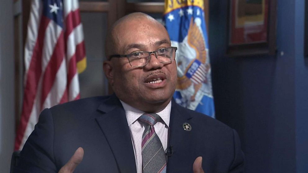 PHOTO: Director of the U.S. Marshals Service Ronald Davis sits down with ABC News' Chief Justice Correspondent Pierre Thomas at U.S. Marshals Headquarters in Arlington, Va., July 6, 2022.