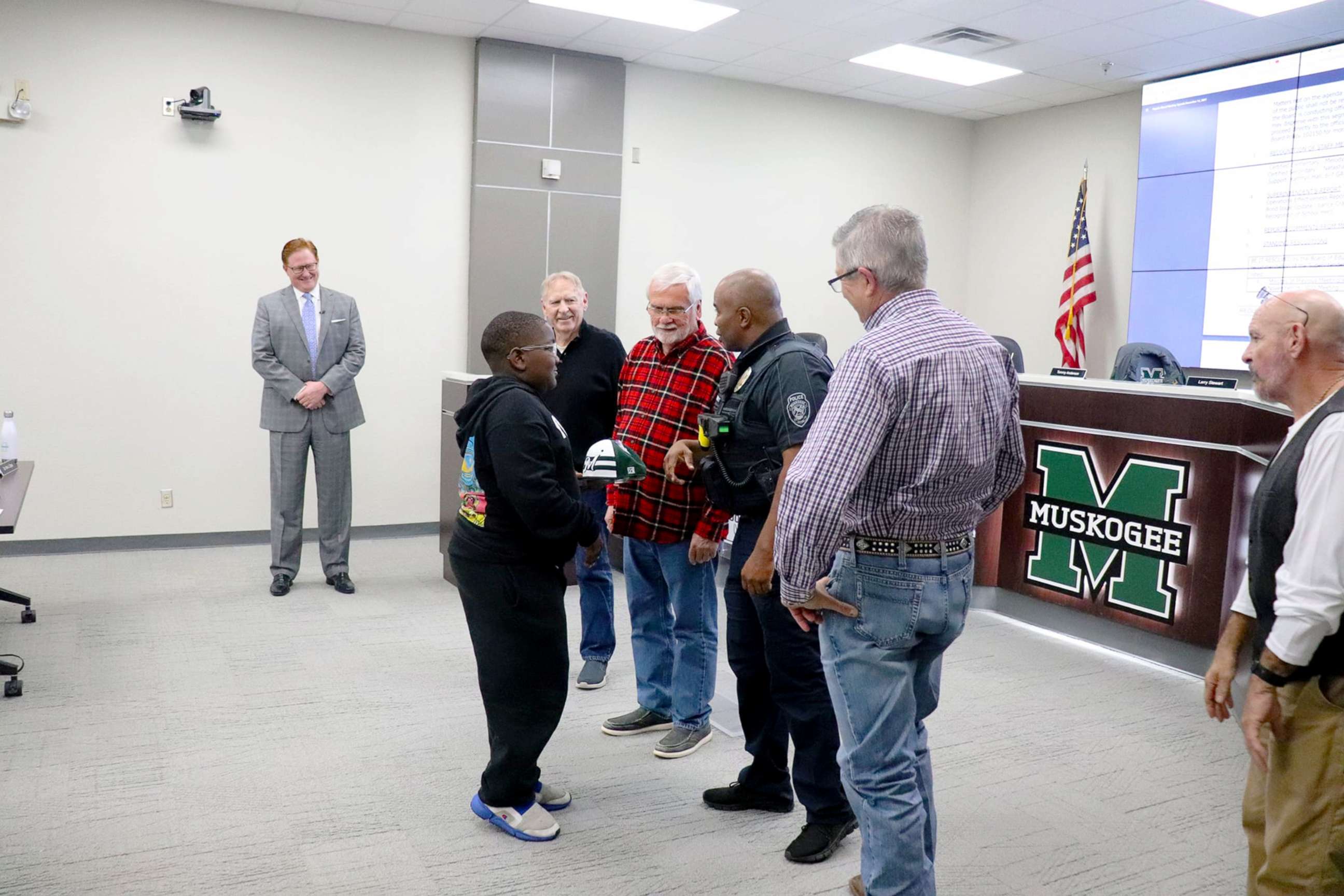 PHOTO: Sixth grader Davyon Johnson is honored Muskogee Public Schools, the Police Department, and the County Sheriff's Department in Muskogee, Okla., Dec. 14, 2021.