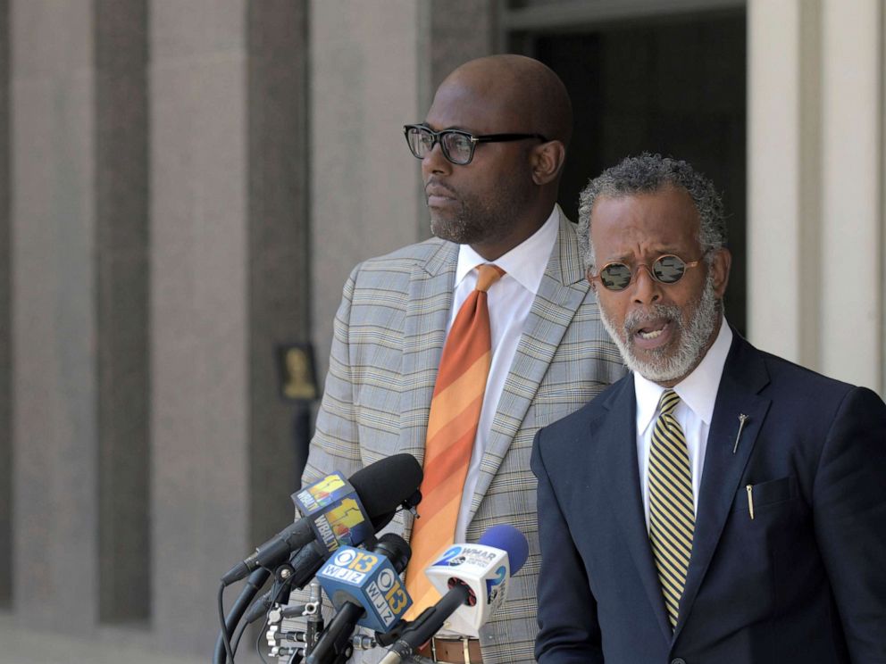 PHOTO: Defense attorneys J. Wyndal Gordon, left, and Warren Brown speak following the life sentence, meted out for 17-year-old Dawnta Harris at Baltimore County Circuit Court, Aug. 21, 2019, in Towson, Md.