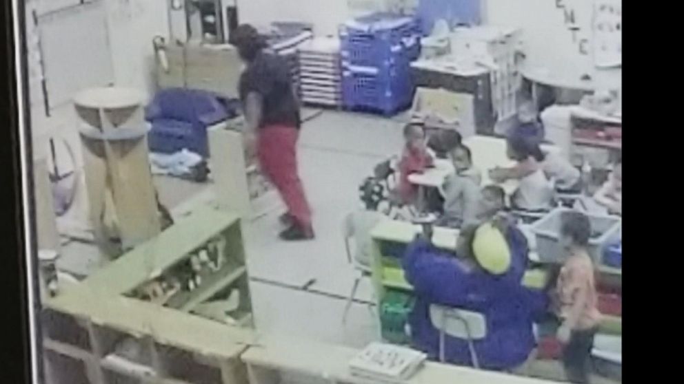 PHOTO: Surveillance video taken from Feb. 1, 2019, at the Brighter Daycare and Preschool in the St. Louis, Missouri, suburb of Pine Lawn shows a worker yanking a 3-year-old girl by the arm and flinging her into a cabinet.