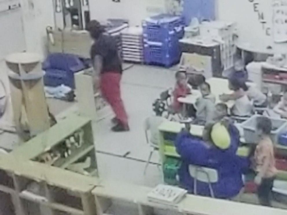 PHOTO: Surveillance video taken from Feb. 1, 2019, at the Brighter Daycare and Preschool in the St. Louis, Missouri, suburb of Pine Lawn shows a worker yanking a 3-year-old girl by the arm and flinging her into a cabinet.