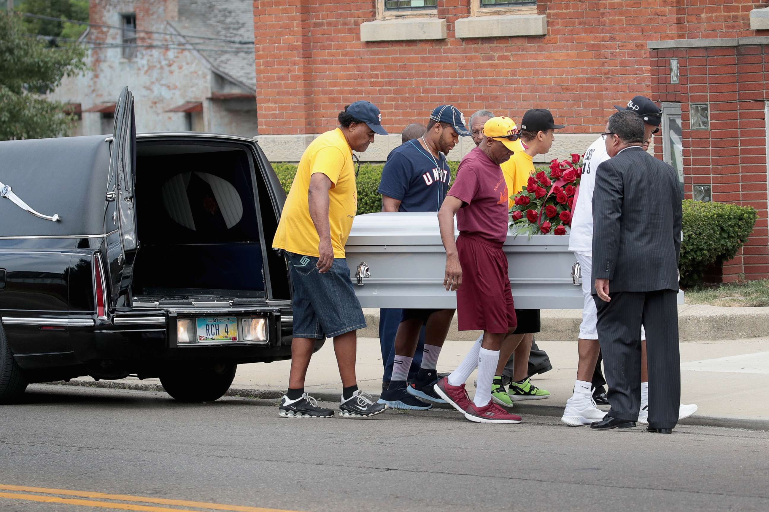 PHOTO: The remains of Derrick Fudge, 57, are carried into St. John Missionary Baptist Church for his visitation and funeral service on August 10, 2019 in Springfield, Ohio.