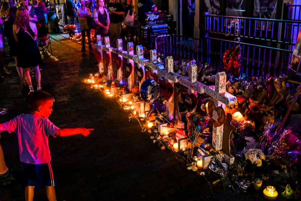 PHOTO: Crosses bear the names of the nine people killed by mass shooter Connor Betts in the city's historic Oregon District, Aug. 9, 2019, in Dayton, Ohio.