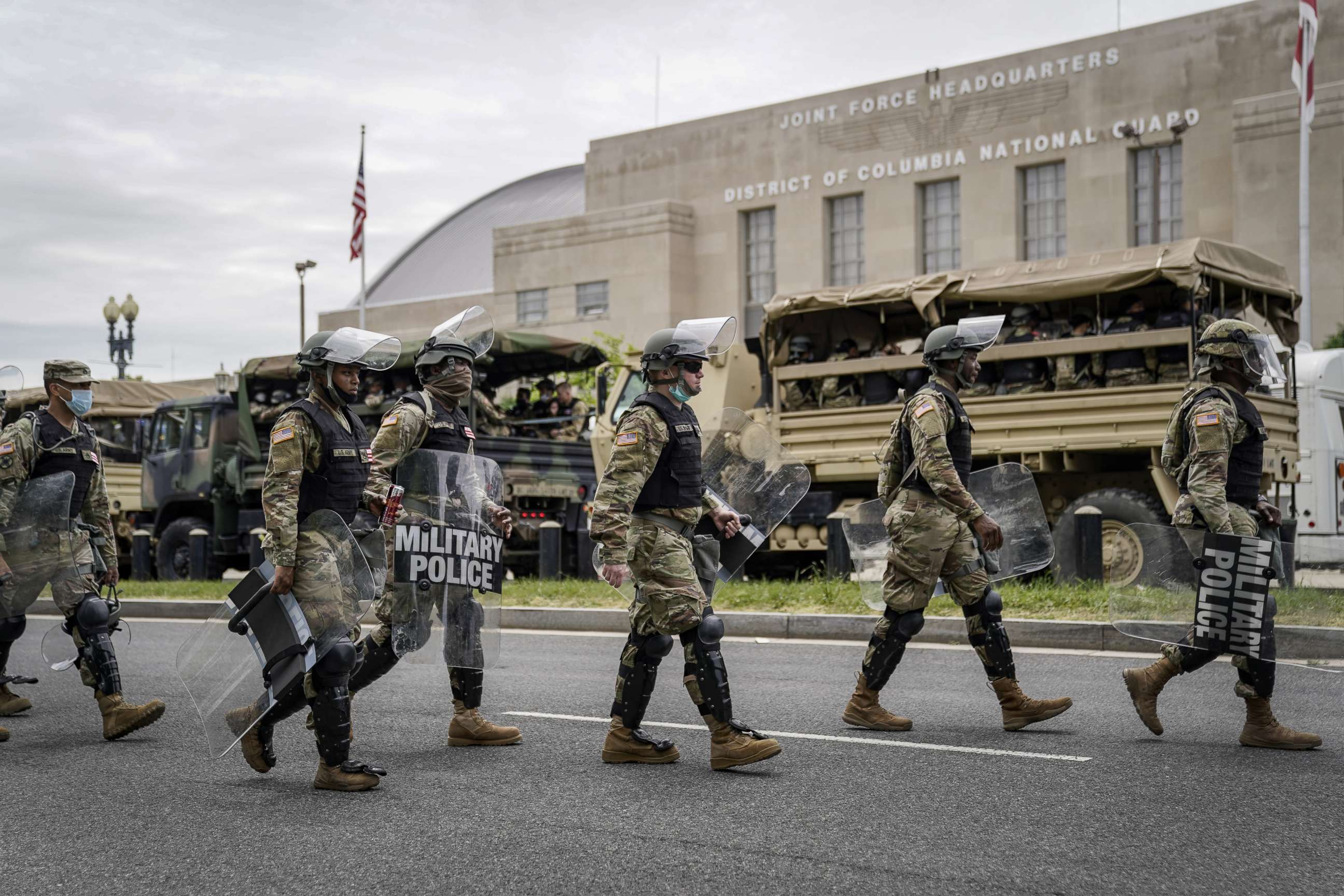 PHOTO: Troops load up into personnel carriers to take them toward the city from the Joint Force Headquarters of the D.C. National Guard on June 2, 2020 in Washington, DC.