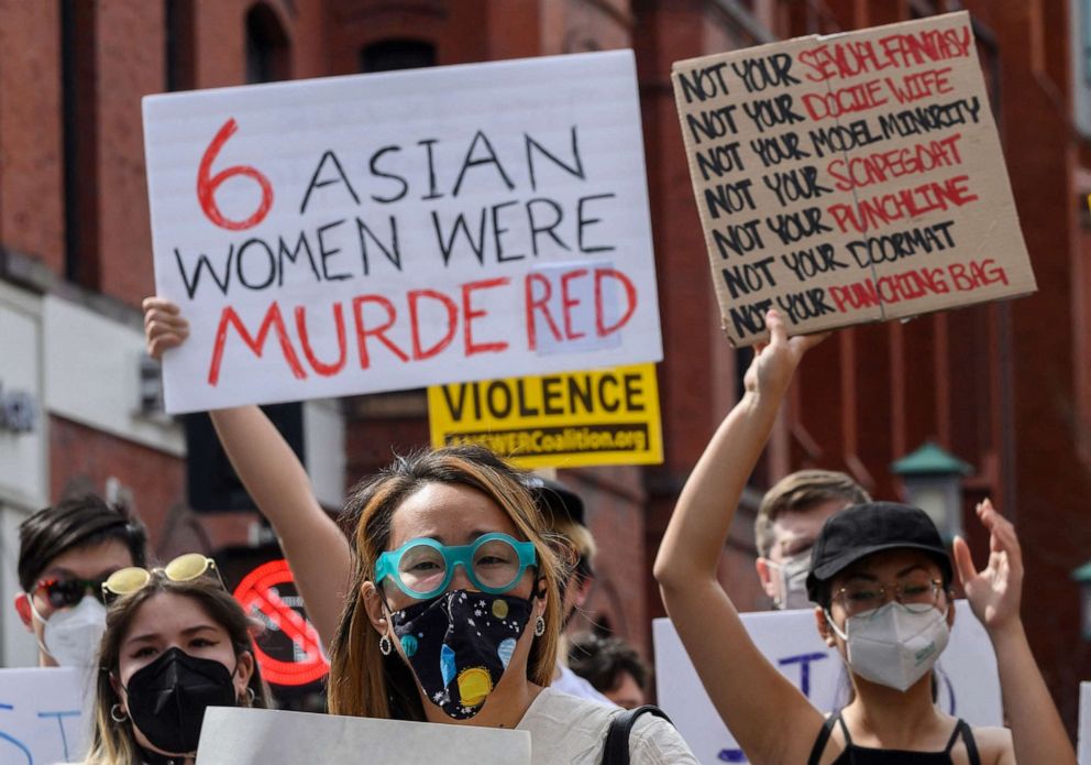 PHOTO: People participate in an "Anti-Asian Hate" rally in Chinatown in Washington, D.C., on March 27, 2021.