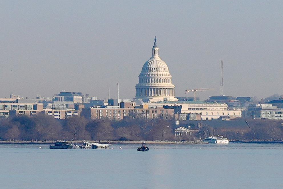 PHOTO: Search and rescue efforts are seen around a wreckage site in the Potomac River from Ronald Reagan Washington National Airport, Jan. 30, 2025, in Arlington, Va.