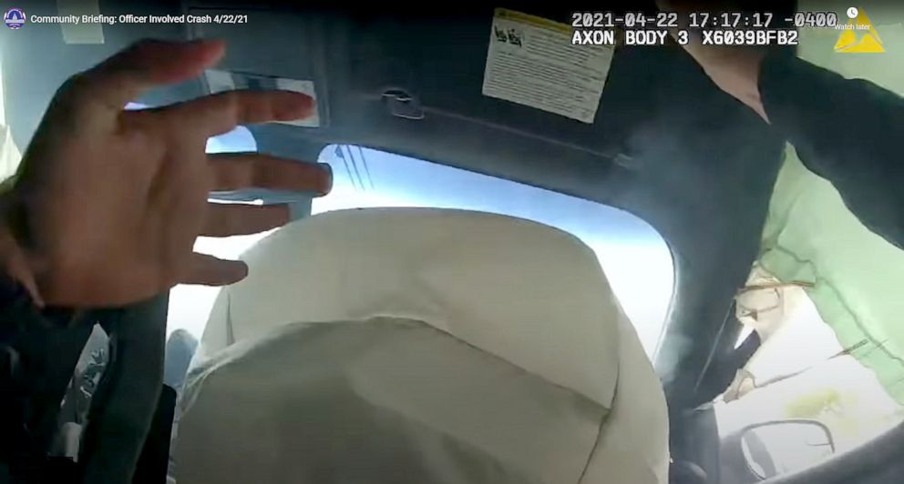 PHOTO: An image from police body camera released by the Washington D.C. Police Dept. shows deployed airbags after a traffic incident involving officers driving their MPD cruisers on the 1500 block of Anacostia Ave., NE, Washington, D.C, April 22, 2021.