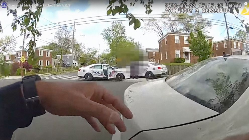 PHOTO: An image from police body camera released by the Washington D.C. Police Dept. channel shows the scene of a traffic incident involving MPD cruisers occupied by police officers on the 1500 block of Anacostia Ave., NE, Washington, D.C, April 22, 2021.