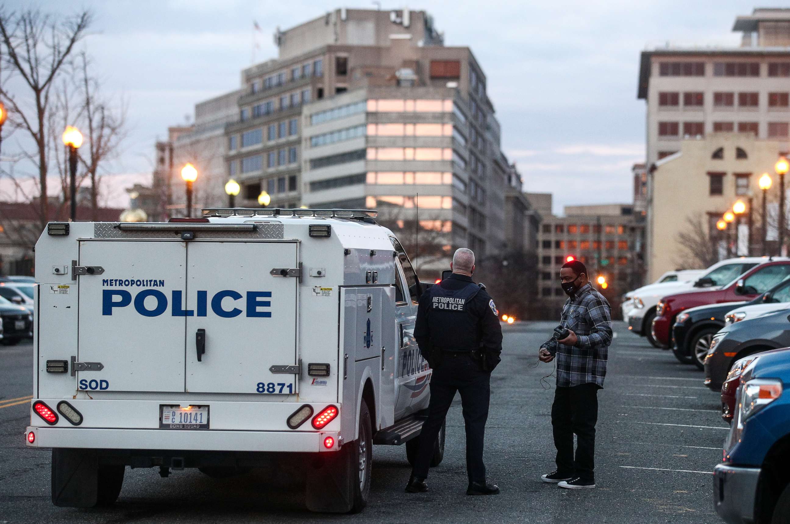 PHOTO: Police officers stand outside the offices of the Metropolitan Police Department of the District of Columbia (MPDC), Jan. 18, 2021, in Washington, D.C.