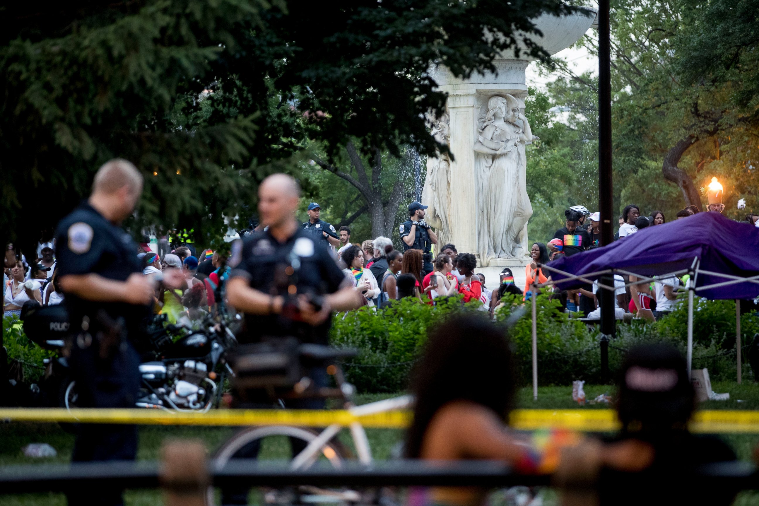 PHOTO: Police keep watch at Dupont Circle at the conclusion of the Capitol Pride Parade in Washington, Saturday, June 8, 2019. 