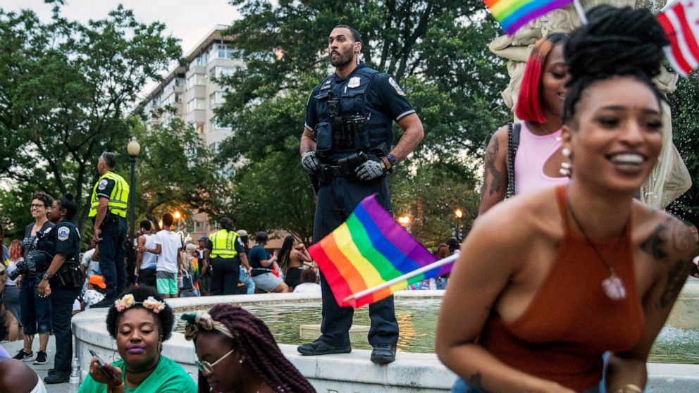 PHOTO: Police keep watch at Dupont Circle at the conclusion of the Capitol Pride Parade in Washington, Saturday, June 8, 2019.