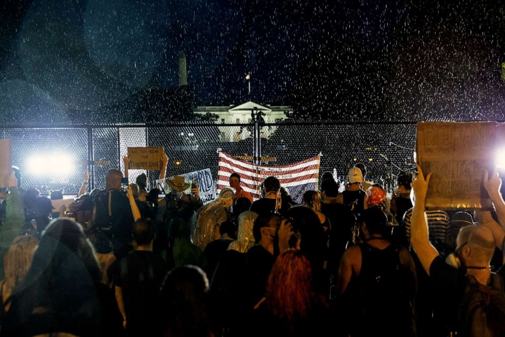 PHOTO: The White House is seen as people gather in the rain for a peaceful protest against police brutality on June 4, 2020 in Washington, D.C.