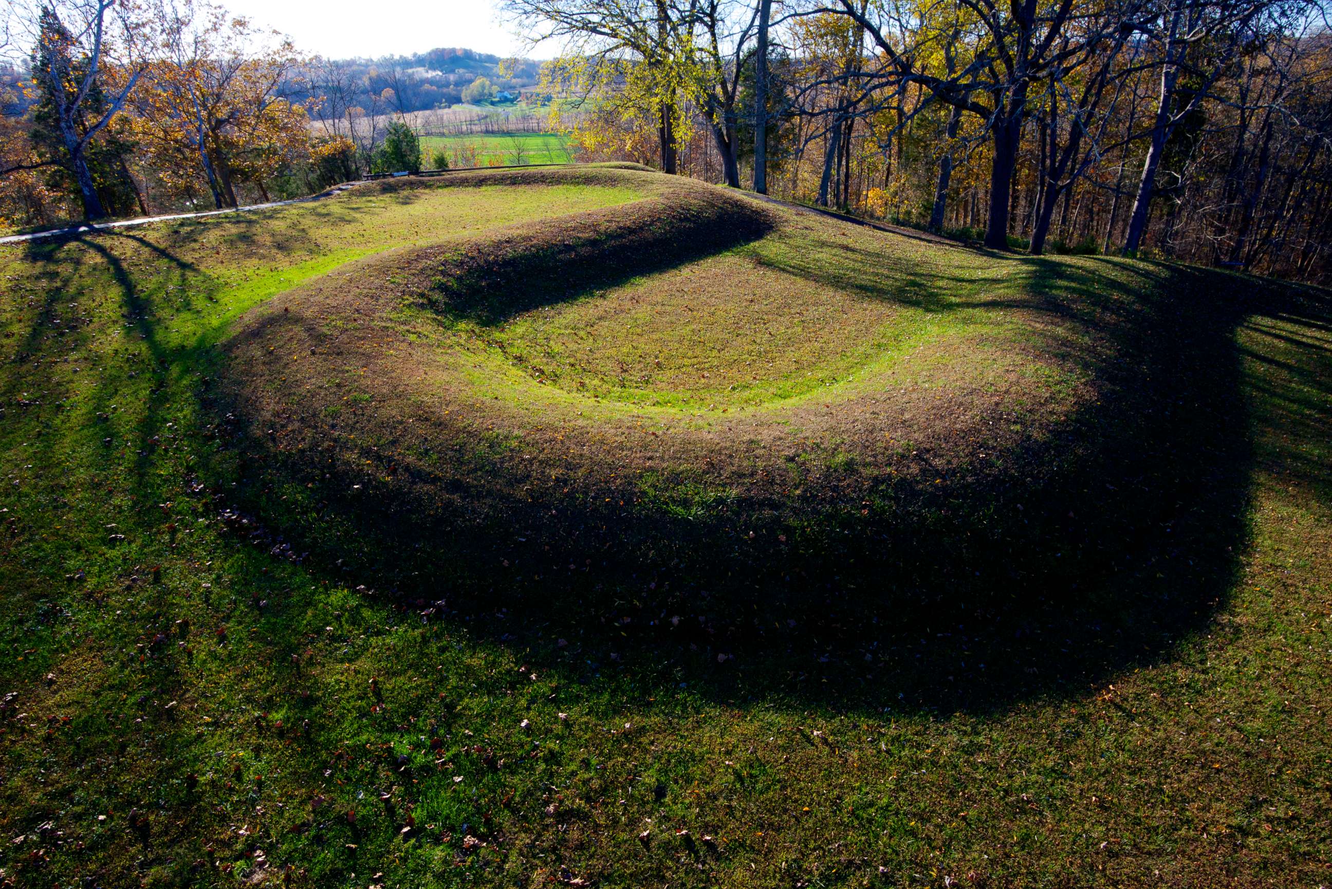 PHOTO: The Great Serpent Mound is a 1,348-foot (411 m)-long,three-foot-high prehistoric effigy mound on a plateau of the Serpent Mound crater along Ohio Brush Creek in Adams County, Ohio.