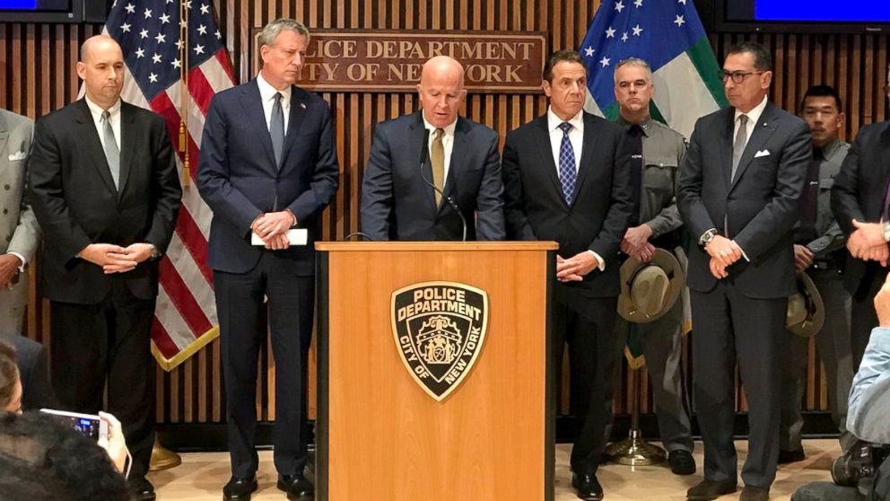 NYPD Commissioner James P. O'Neill, center, New York City Mayor Bill de Blasio and New York Governor Andrew Cuomo give an update on the incident that resulted in multiple deaths in New York City, Oct. 31, 2017.