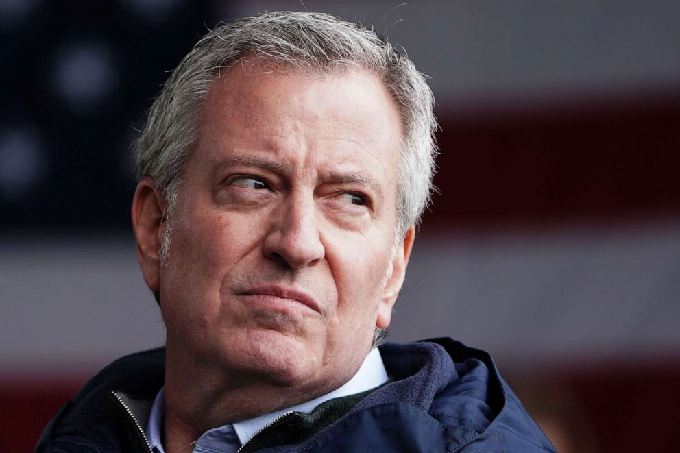 PHOTO: New York Mayor Bill de Blasio speaks after the USNS Comfort pulled into a berth in Manhattan during the outbreak of coronavirus disease (COVID-19), in New York, March 30, 2020. 