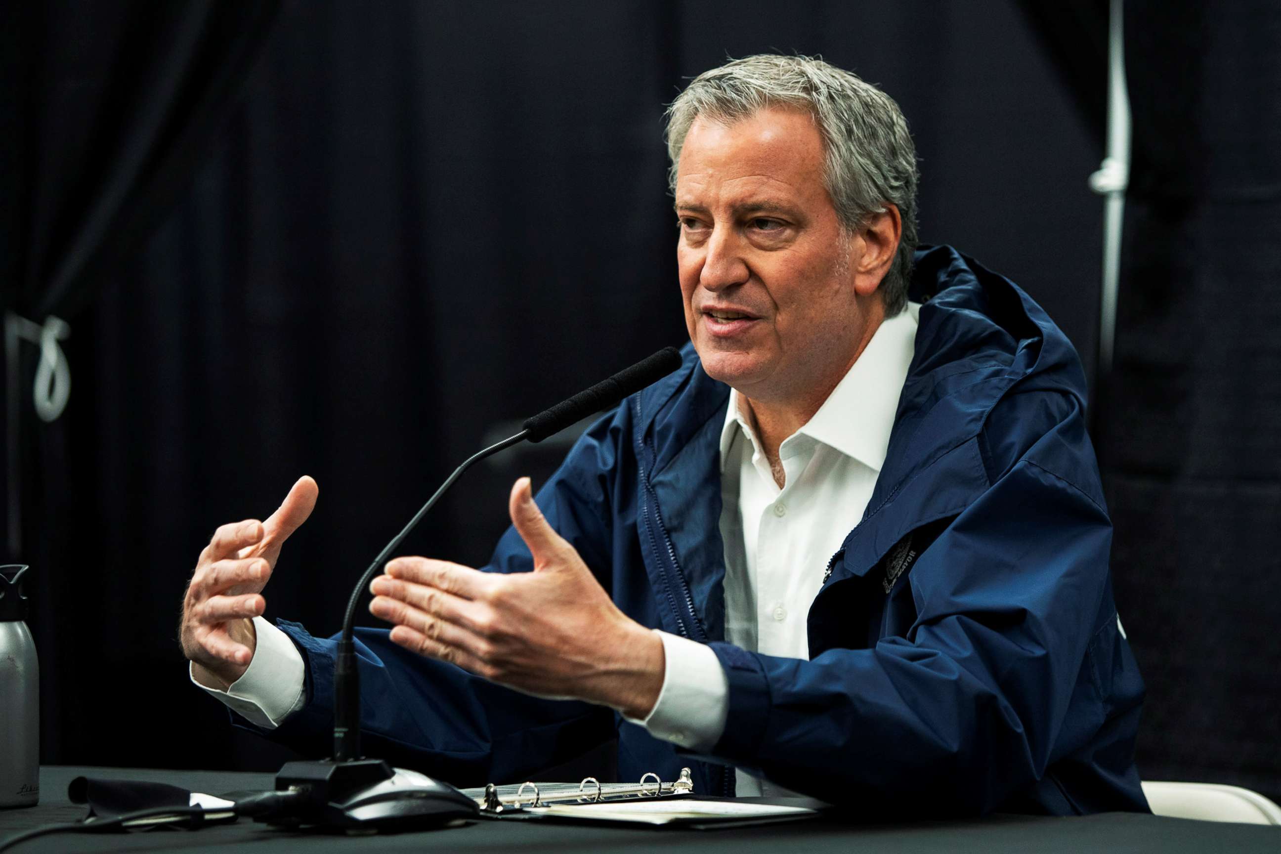 PHOTO: New York City Mayor Bill De Blasio speaks to the media during a press conference in New York, April 10, 2020.