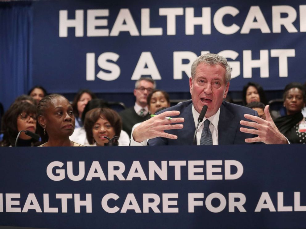 PHOTO: New York City Mayor Bill de Blasio speaks during a news conference at Lincoln Hospital in the Bronx borough of New York City, Jan, 8, 2019.