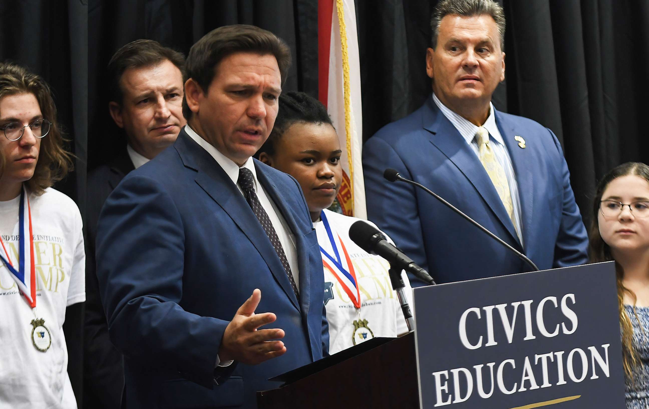 PHOTO: Florida Governor Ron DeSantis speaks at a press conference to discuss Florida's civics education initiative of unbiased history teachings at Crooms Academy of Information Technology in Sanford, Fla., on June 30, 2022.