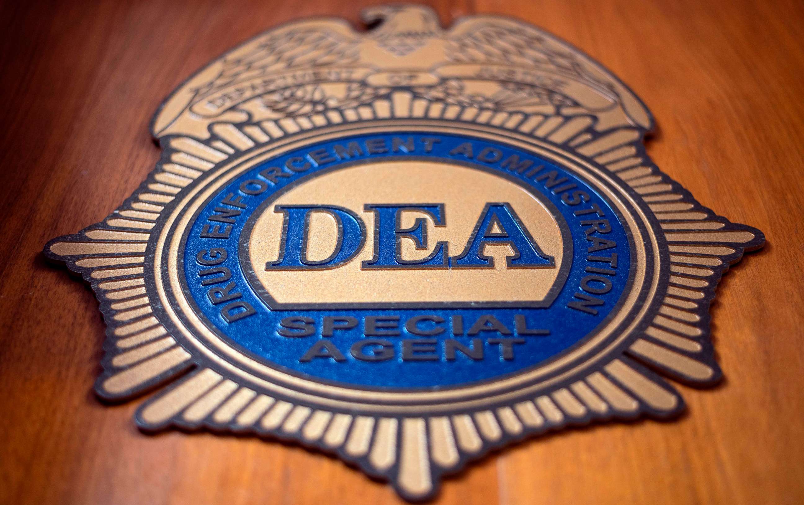 PHOTO: A logo reading DEA Special Agent is pictured in the Office of the US Drug Enforcement Administration (DEA), May 29, 2019, in New York.