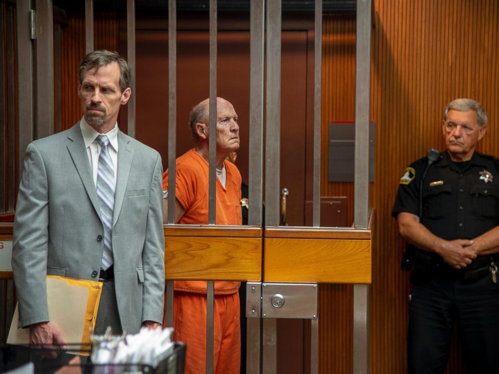 Defense attorney Joe Cress stands next to his client Joseph James DeAngelo appears in Sacramento Superior Court, Friday, June 1, 2018, in Sacramento, Calif. He is suspected in at least a dozen killings and roughly 50 rapes in the 1970s and 80s.