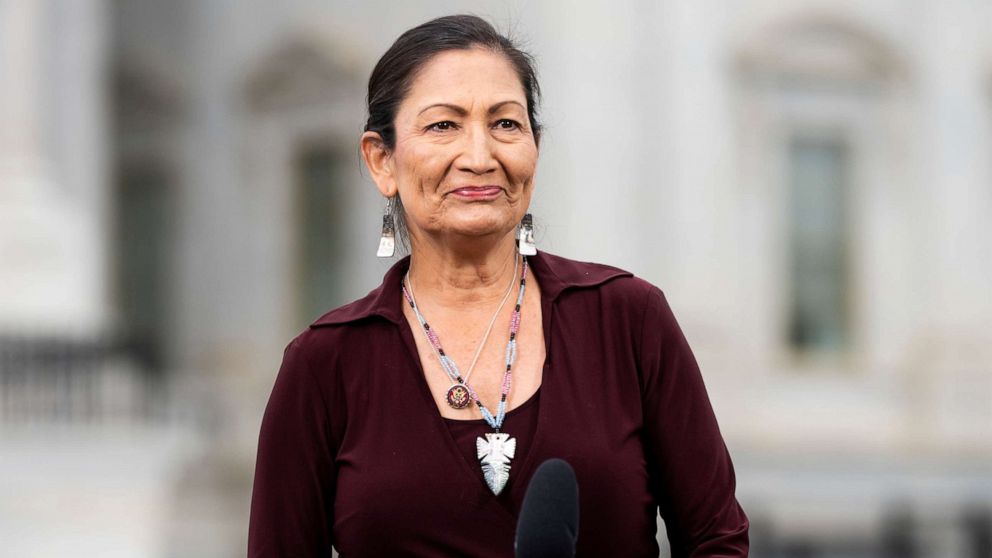 PHOTO: Rep. Deb Haaland does a TV interview outside of the U.S. Capitol on April 23, 2020.
