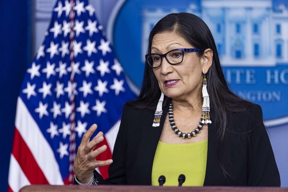 PHOTO: Deb Haaland, U.S. Secretary of the Interior, speaks during a news conference in the James S. Brady Press Briefing Room at the White House in Washington, D.C., on April 23, 2021.