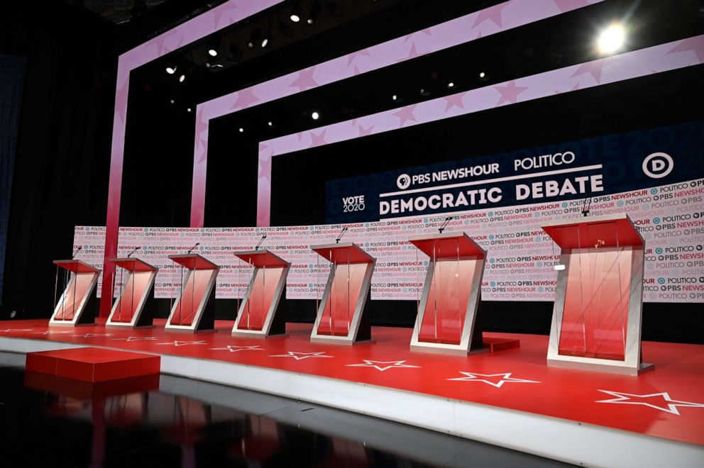 PHOTO: The debate stage is prepared for the upcoming sixth Democratic primary debate of the 2020 presidential campaign season co-hosted by PBS NewsHour & Politico at Loyola Marymount University in Los Angeles, California on December 19, 2019.