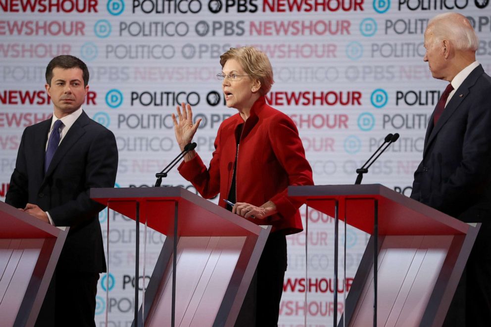 PHOTO: Sen. Elizabeth Warren (D-MA) speaks as South Bend, Indiana Mayor Pete Buttigieg (L) and former Vice President Joe Biden listen during the Democratic presidential primary debate at Loyola Marymount University on December 19, 2019 in Los Angeles.