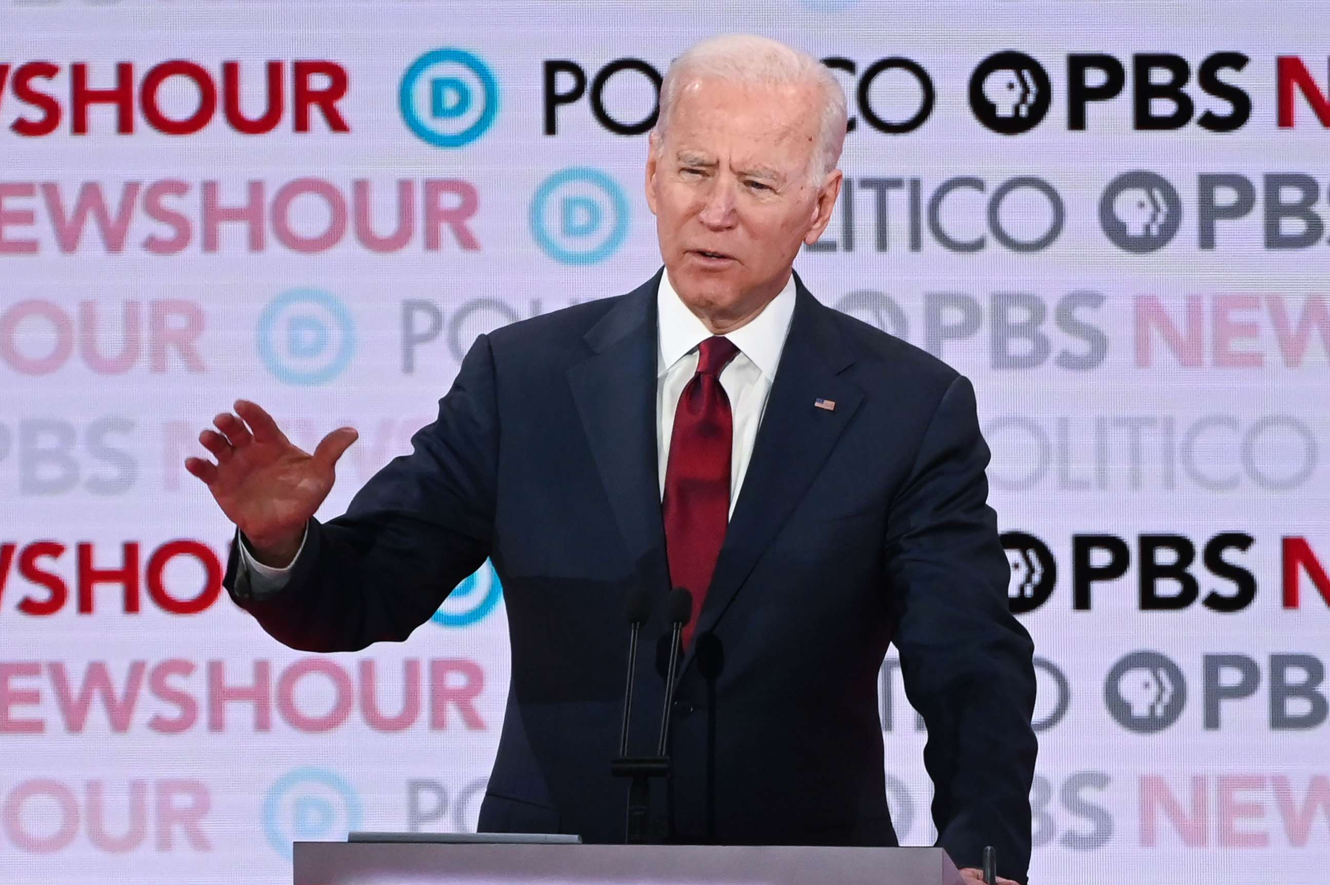 PHOTO: Democratic presidential hopeful former Vice President Joe Biden takes part in the sixth Democratic primary debate of the 2020 presidential campaign season co-hosted by PBS NewsHour & Politico at Loyola Marymount University in Los Angeles.